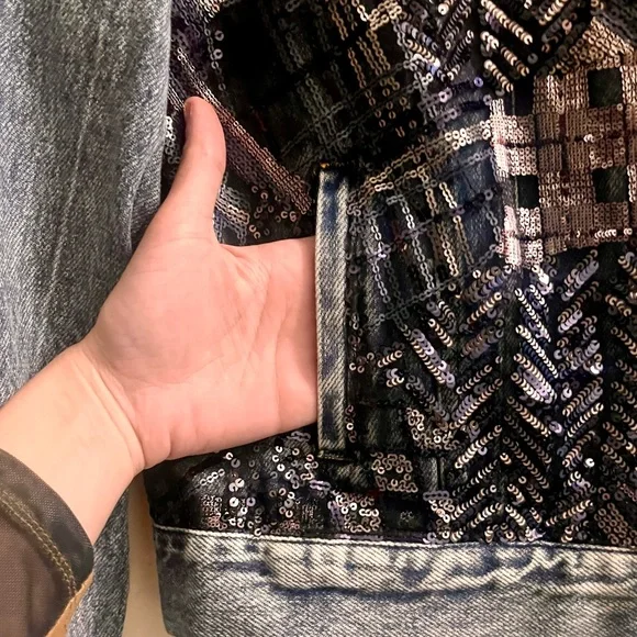 nwt 🆕 denim moto jacket with abstract plaid sequins - Picture 9 of 16
